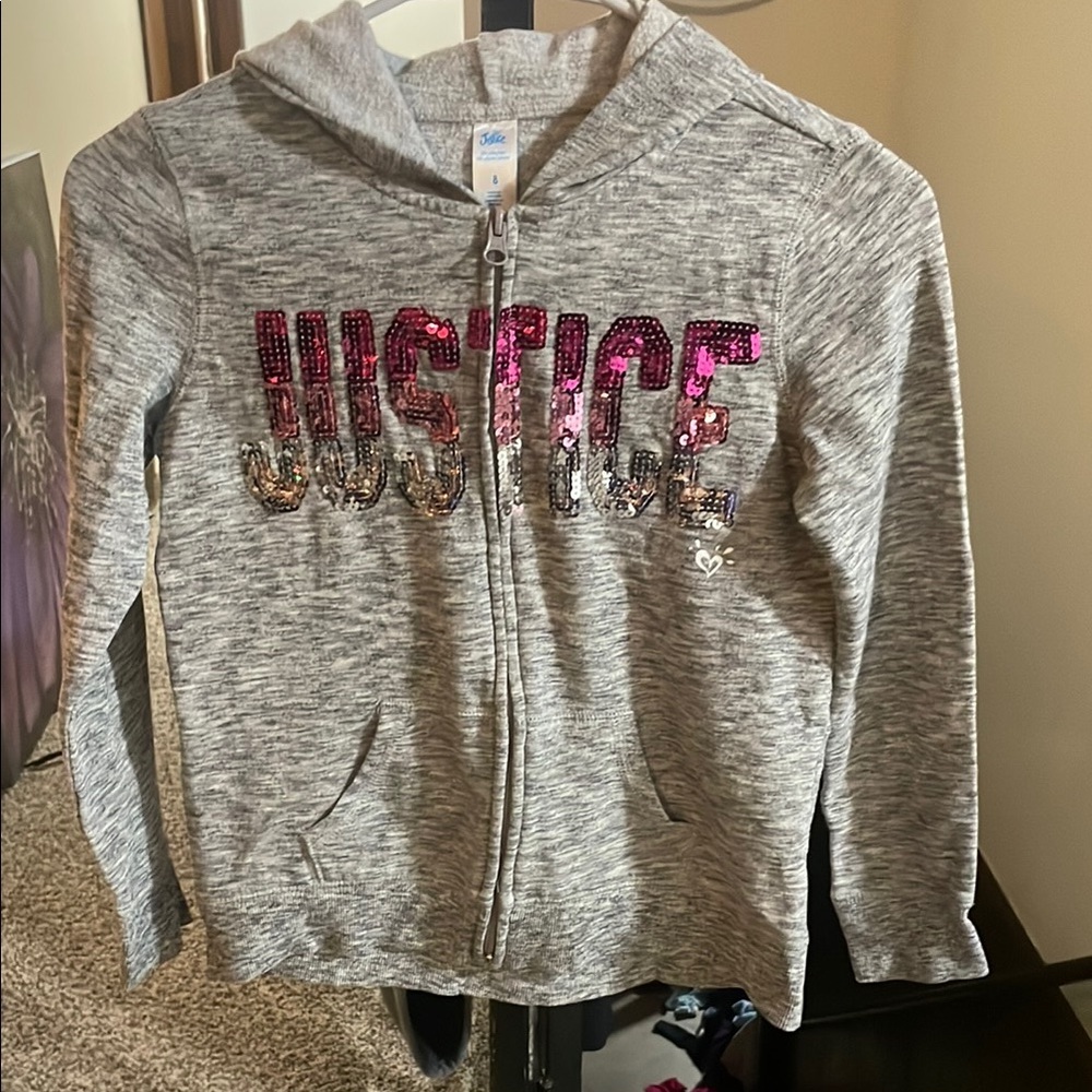 Justice Heather Gray Sequin Kids Zipup Hoodie